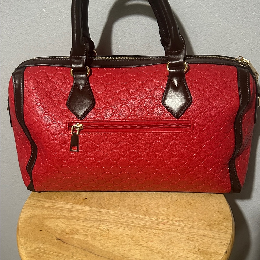 Red Embossed Satchel with Brown Handles and Stripe Detail - Picture 3 of 4